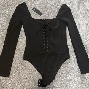 Lulu's Elegant Black Lace-Up Bodysuit